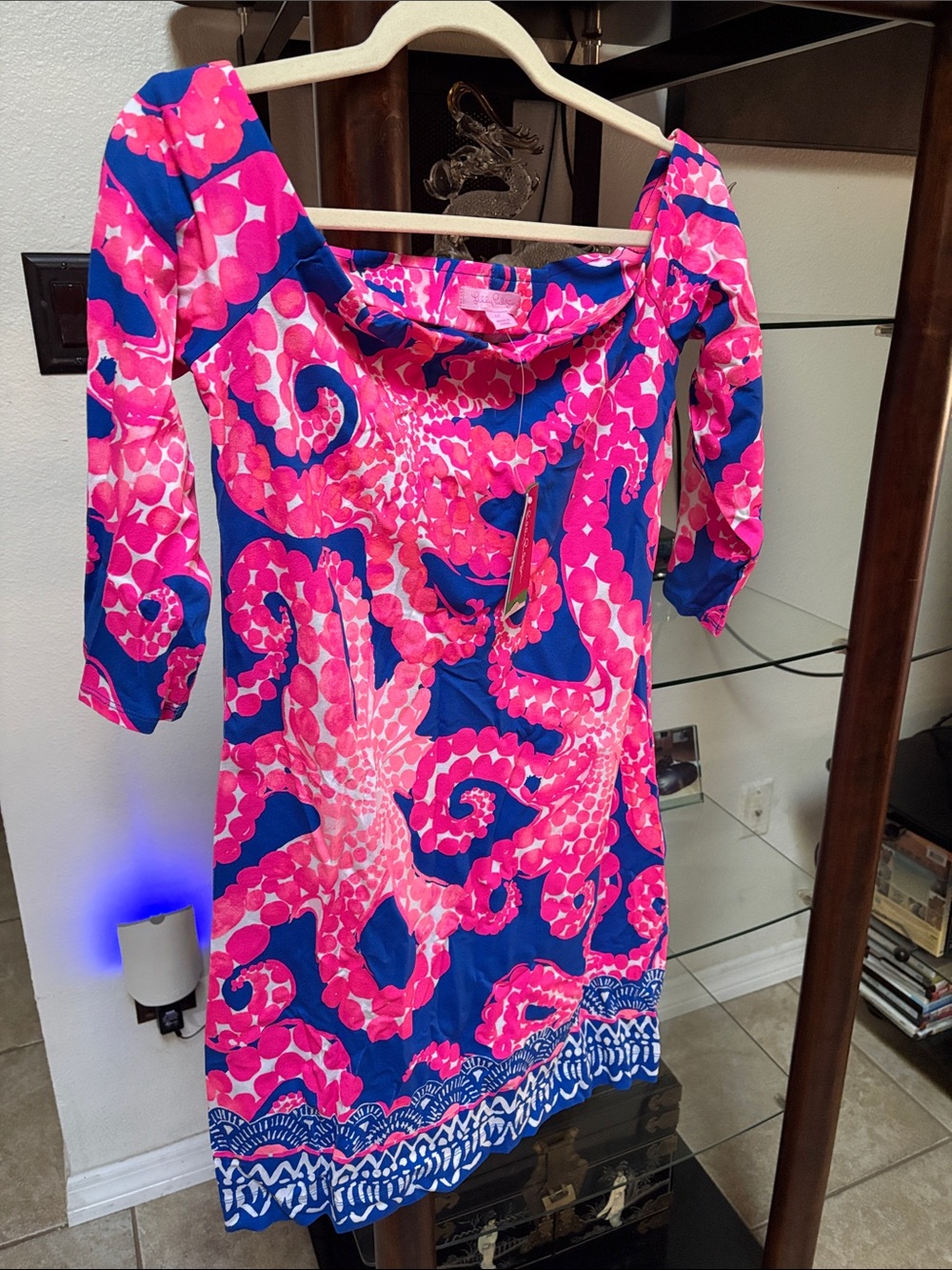 Lilly Pulitzer Pink and Blue Off-Shoulder Printed Dress